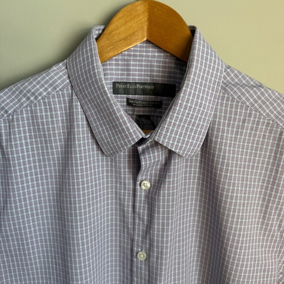 Perry Ellis Portfolio 16.5 Slim Fit Micro Plaid Button Up Dress Shirt Purple - Picture 4 of 12